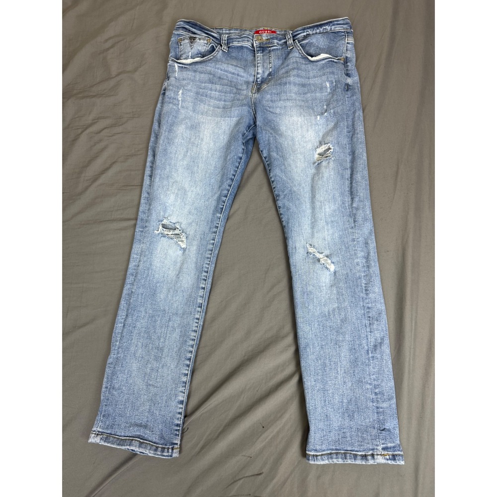 Guess Los Angeles Holsted Fit Tapered Slim Jeans Light Wash Distressed 36x30